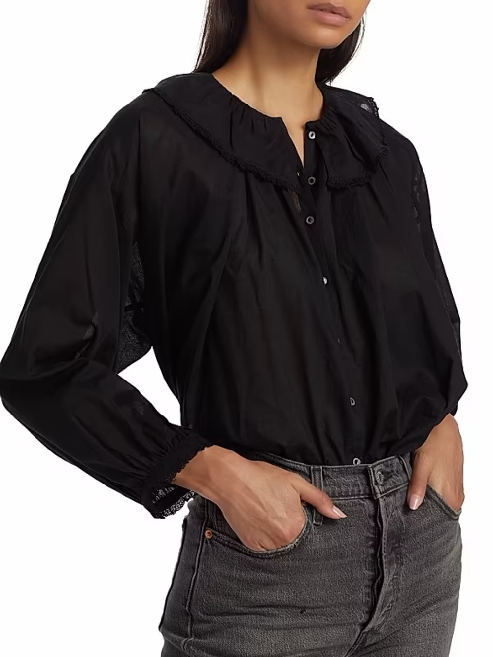 Doen Black Button-Front Long-Sleeve Blouse with Lace Collar